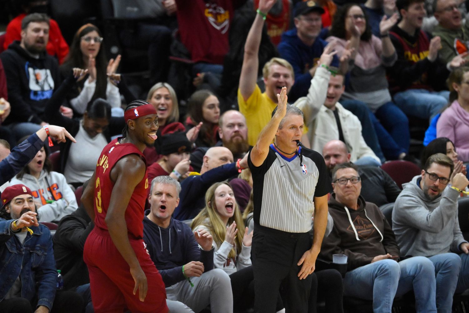Jan 7, 2024; Cleveland, Ohio, USA; Cleveland Cavaliers guard Caris LeVert (3) celebrates his three-point basket in the third quarter against the San Antonio Spurs at Rocket Mortgage FieldHouse. Mandatory Credit: David Richard-USA TODAY Sports
